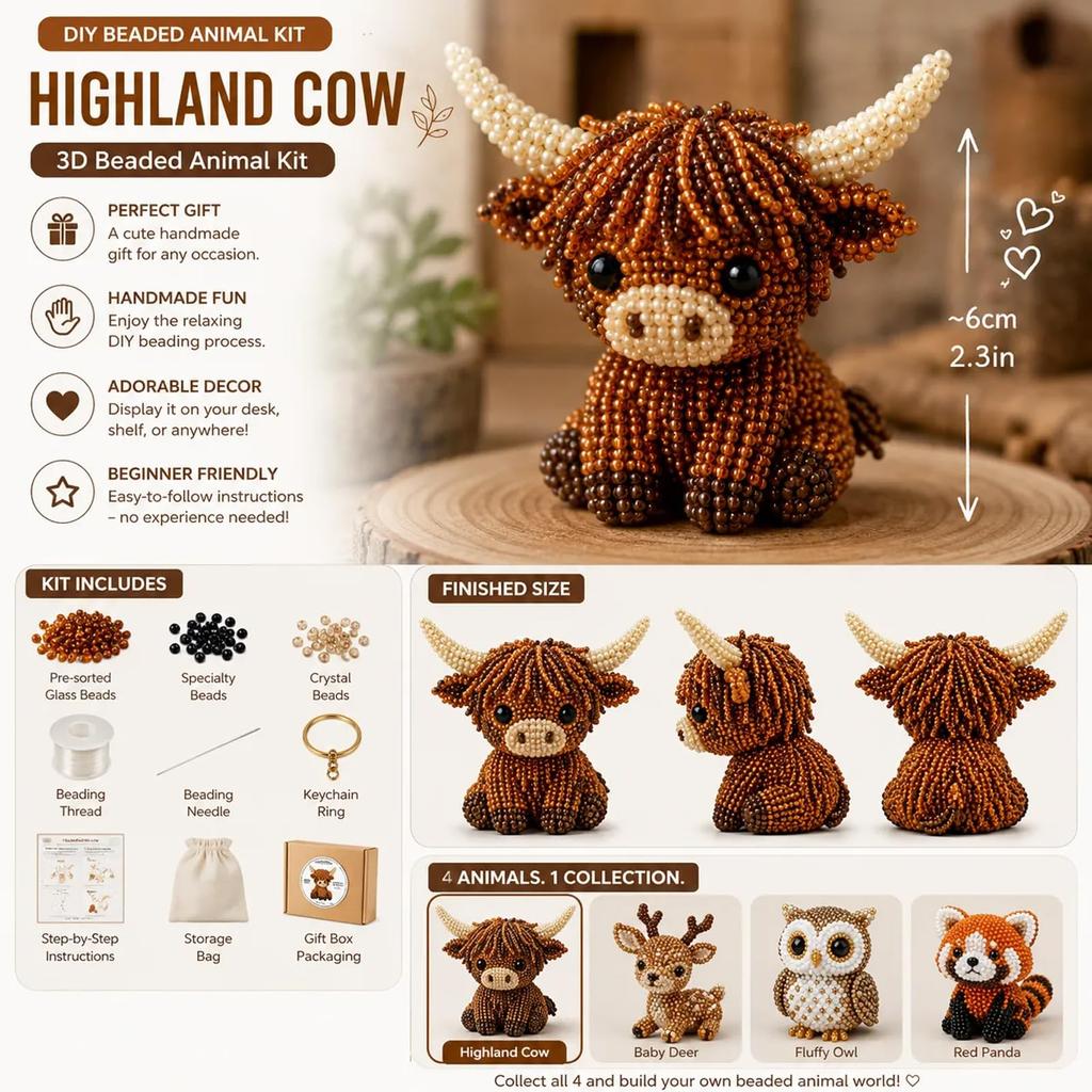 Tiny 3D Beaded Animal DIY Kit, Easy DIY Beading Embroidery Kit With 4 Cute Designs, 3D Animal Themed Beadwork Kit For Beginners