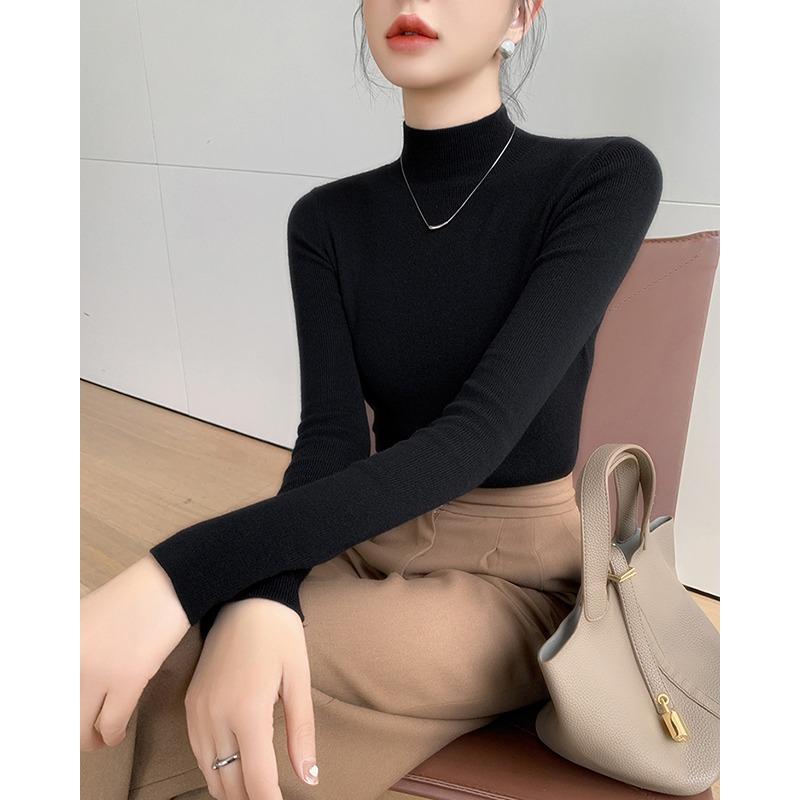 Autumn and Winter Semi High Neck Knitted Sweater Women Long Sleeve Solid Casual Base Sweaters Tops Office Lady Elegant Slim Fit Knitwear Jumper 25049
