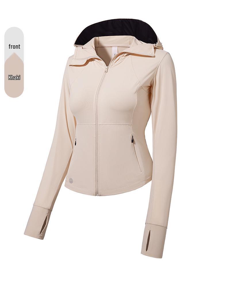 

Женская летняя куртка с капюшоном и защитой от солнца, облегающего кроя - Тонкая, дышащая ледяная шелковистая ткань со съемным черным виниловым козырьком. Large