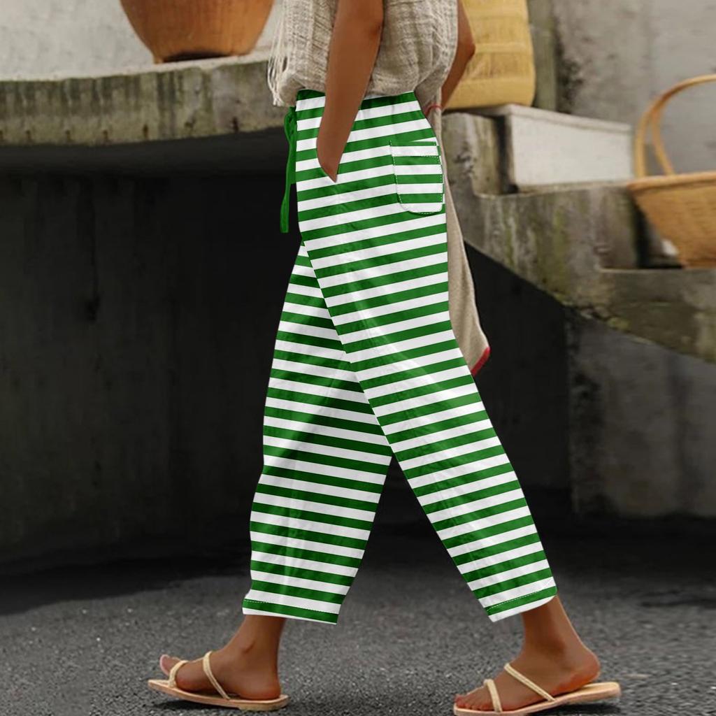 Damen Casual Hosen Modische Streifen Druck Casual Hosen Mit Taschen