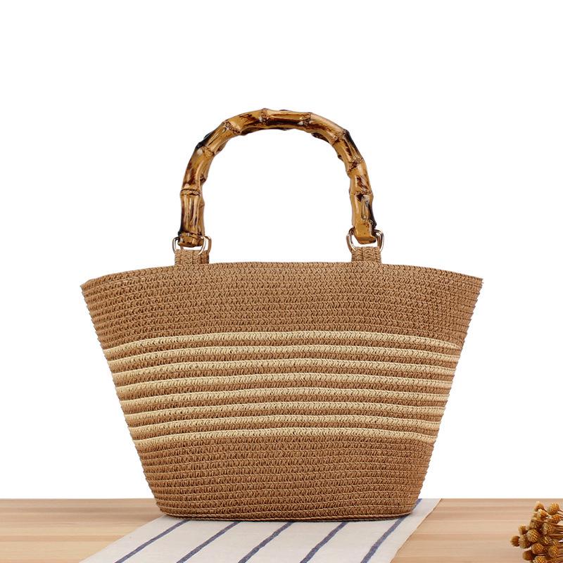 

Women s Fashion Woven Bag: Imitation Bamboo, Color-Block Stripes, Hand-Held, Simple Style