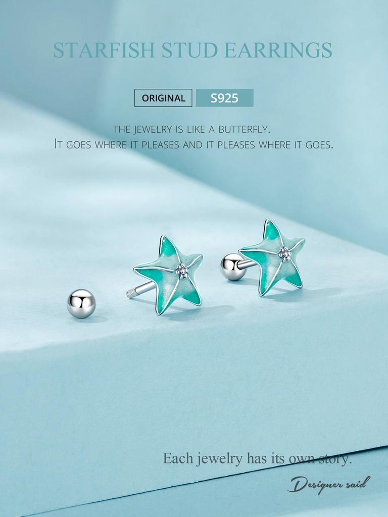 Turquoise Starfish Threaded Earring Summer Fresh S925 Sterling Silver Star Stud Earrings