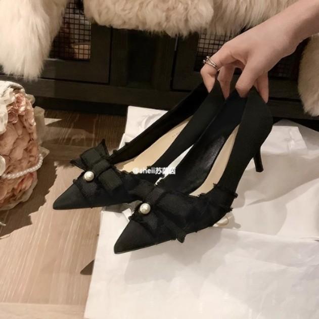 Fashion High heels pointed butterfly butterfly shallow mouth pearl commuting single shoes women's high heels wedding shoes