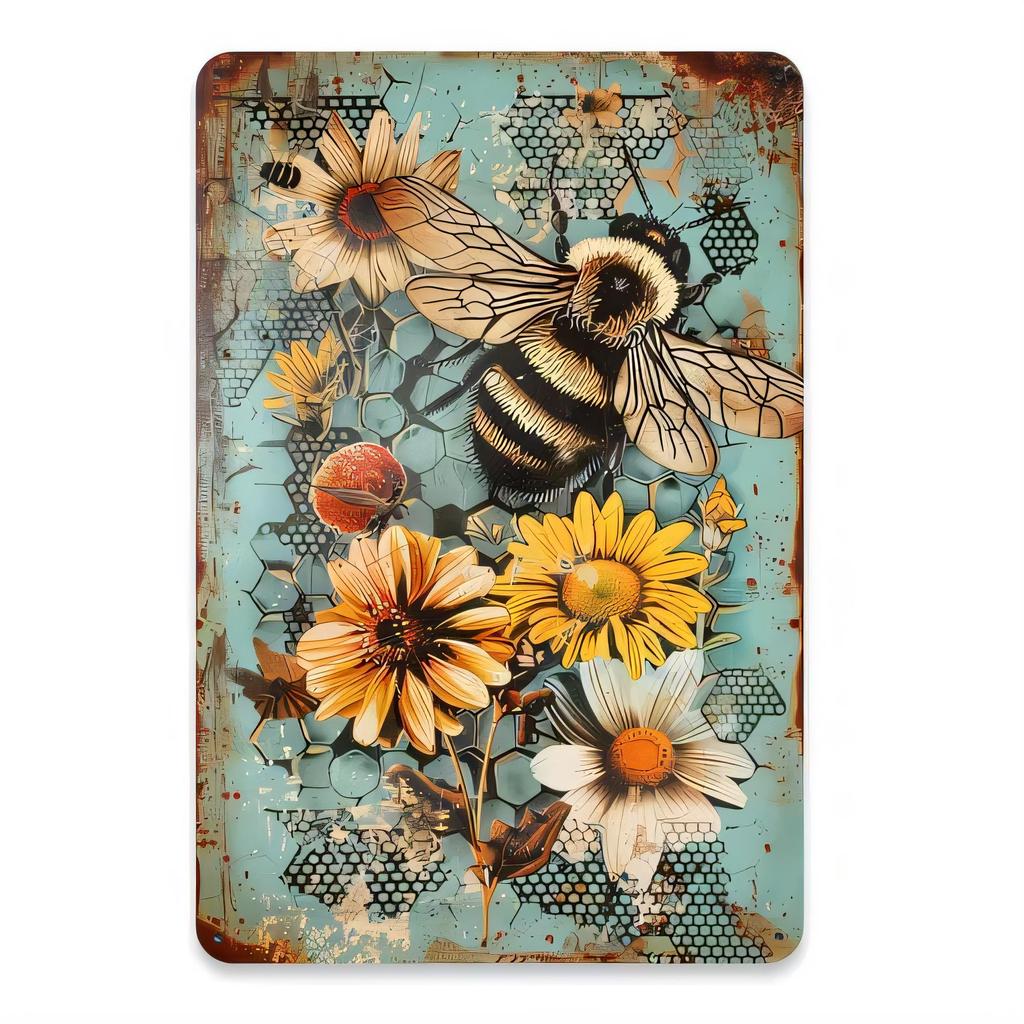 Vintage Bee and Sunflower Tin Sign Floral Rustic Metal Wall Art Plaque for Home Bar Cafe Garden Decor Retro Grunge Style Cotta