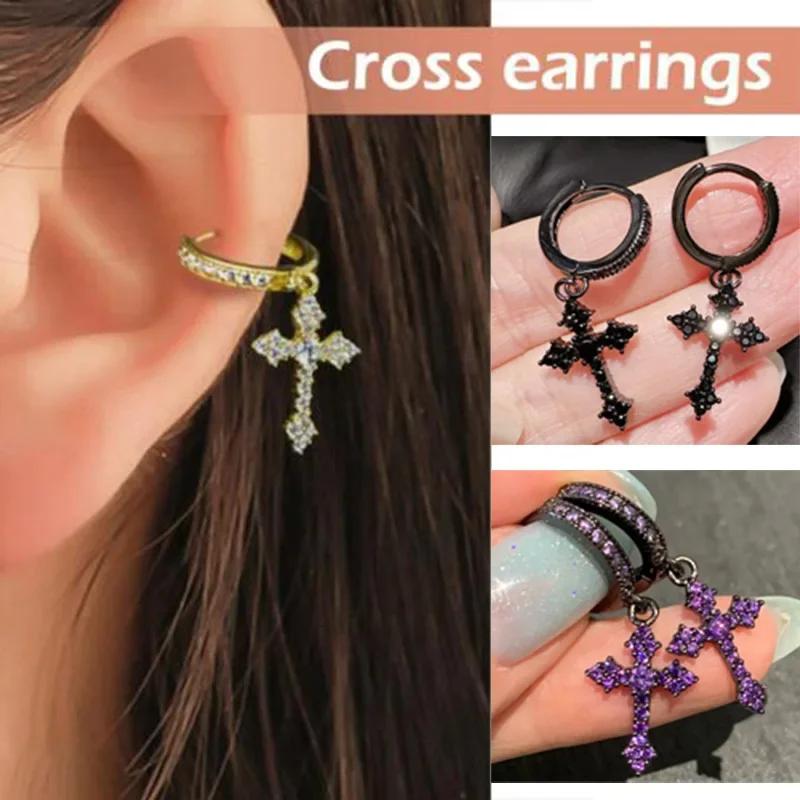 Goth Zircon Crystal Cross Drop Dangle Earring for Women Men Luxury Gold Silver Hoop Earrings Fashion Punk Jewelry