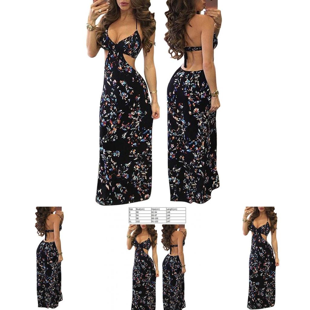 Damen Sexy Schwarzes Floral Maxikleid Mit Cut-Out Design Perfekt Für Boho Strandurlaube