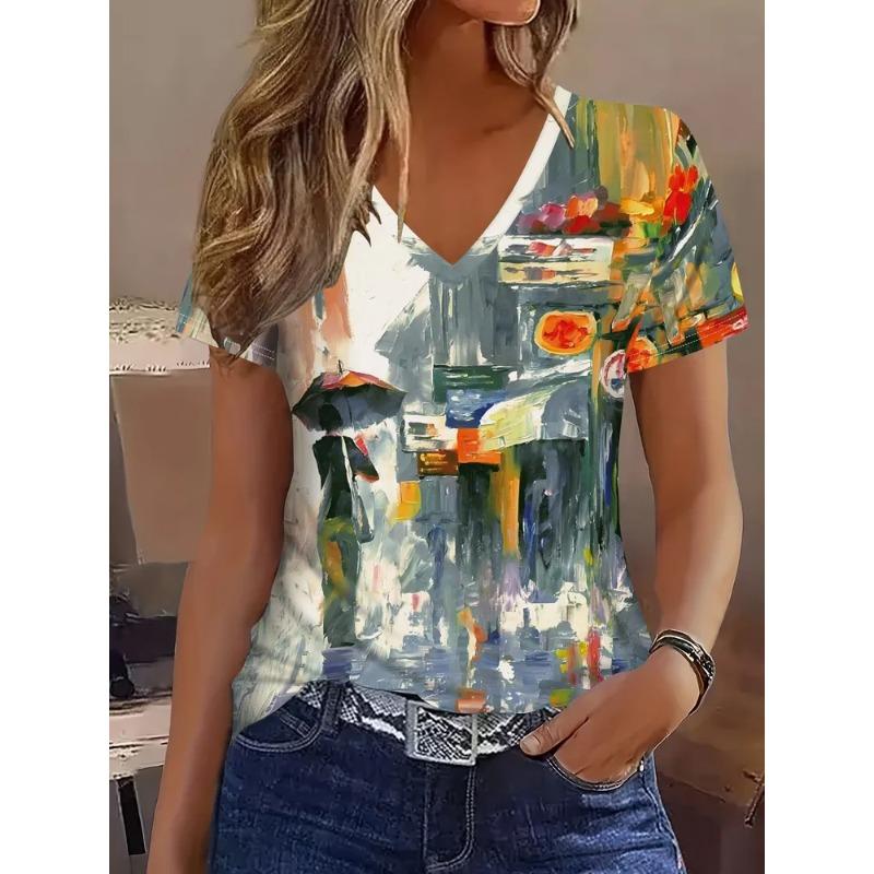 Summer Women's 3D Printed V-Neck T-Shirt Fashion Versatile Breathable Trend Casual