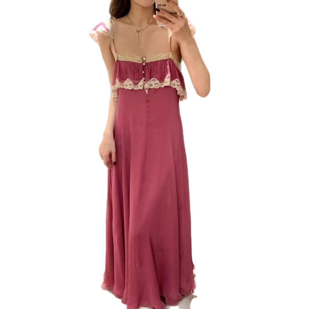 Pink Lace-Trim Cap Sleeve Maxi Dress, Yi Mengling Style, In Stock