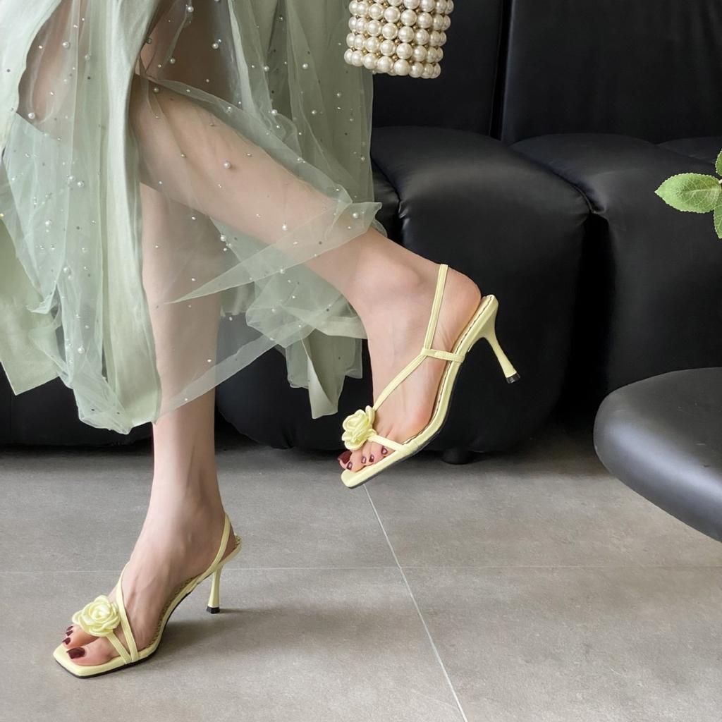 Sandals Spring Square Toe Thin Heel High Heel Elegant French Style FashionOne-Strap Thin Belt Flower Open Toe Women's