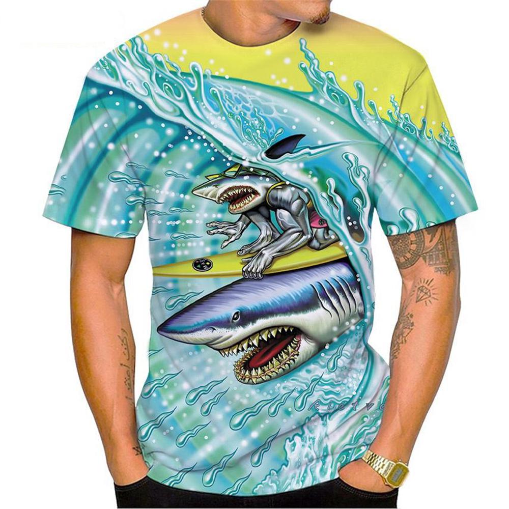 New Hot Sale Shark Surf Shark 3D Printing Men's T-Shirt Fashion Casual Harajuku Style Shark Art Short Sleeve Tops