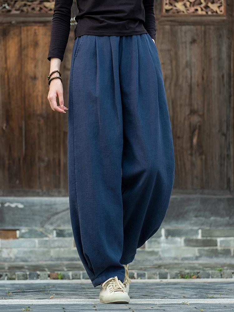 Women's Autumn/Winter Cotton Linen Sand Wash Loose Long Pants with Fleece Lining - Slimming Lantern Style
