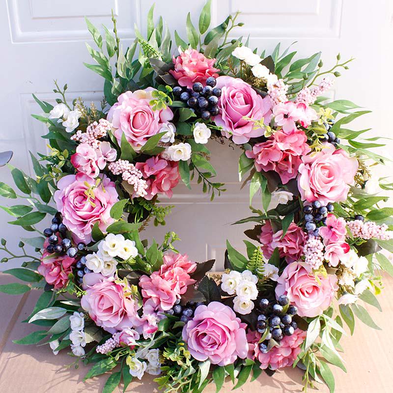 Artificial Hanging Wreath 56cm 22in Greenery Wreath Decoration Elegant Wreath for Front Door Bedroom Living Room Pink