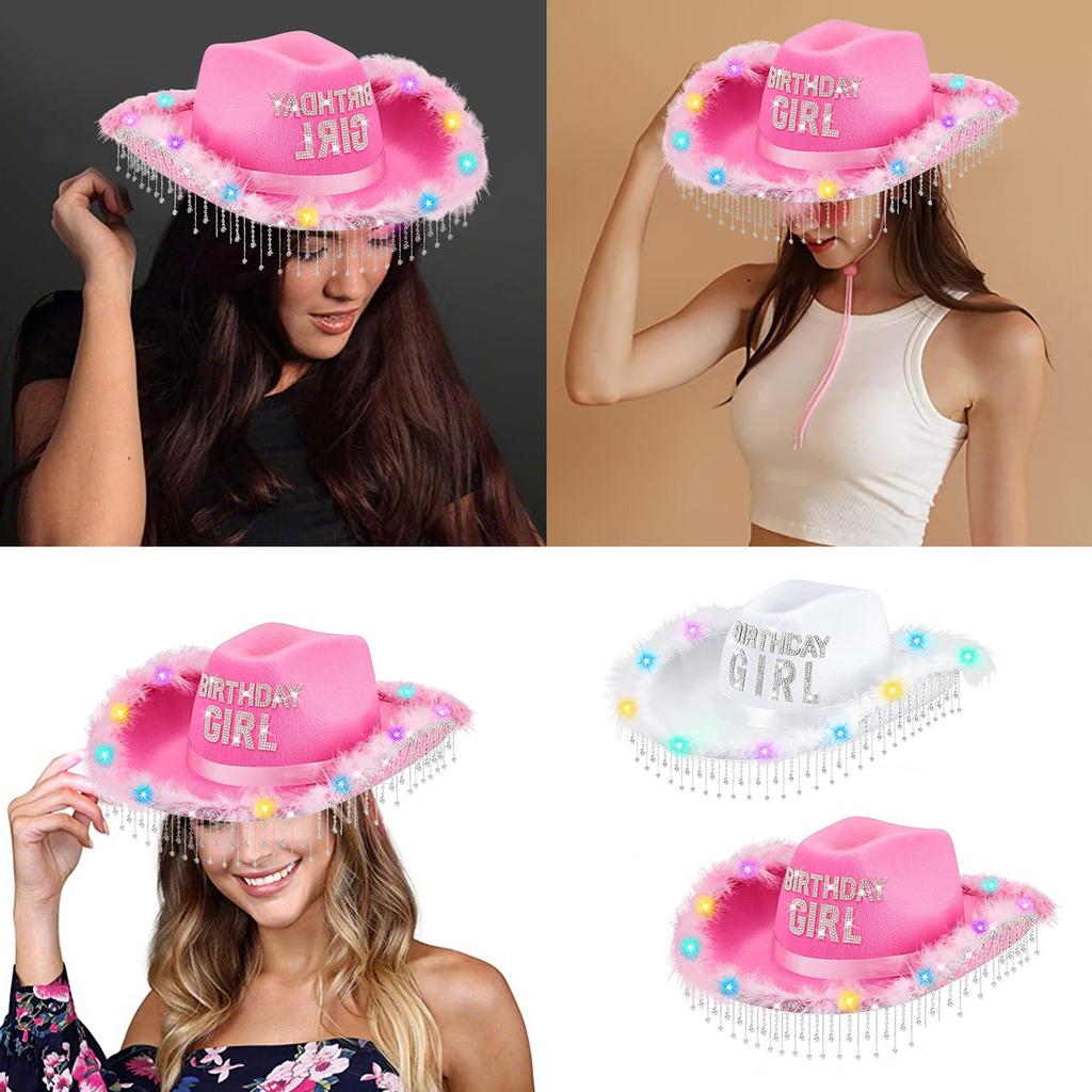 Birthday Tassels Rhinestone Cowgirl Hat With Colorful LED Lights Adjustable Top Cap for Parties Birthday Gathering