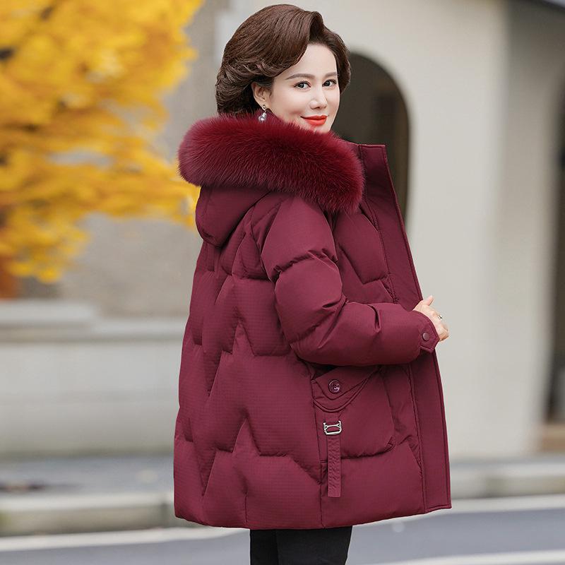Authentic Mid-Length Women's Winter Down Jacket with Real Fur Collar for Middle-Aged and Elderly    