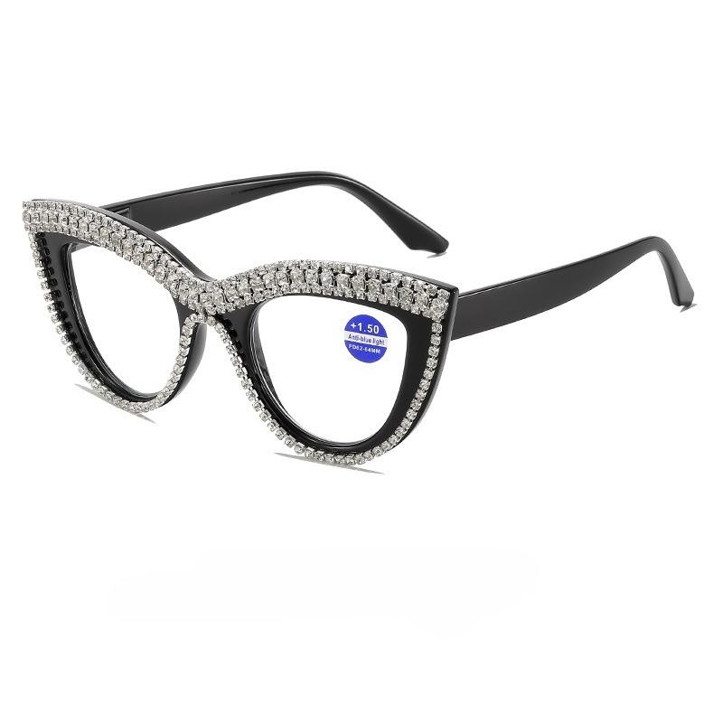 

Роскошные очки для чтения «кошачий глаз» с бриллиантами для женщин, очень большие, блокирующие синий свет, очки для пресбиопии, готовые очки для дальнозоркости +1.00 чёрный