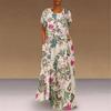 Women Round Neck Half Sleeve Flower Print Robes Style  Kaftan Loose Long Dress