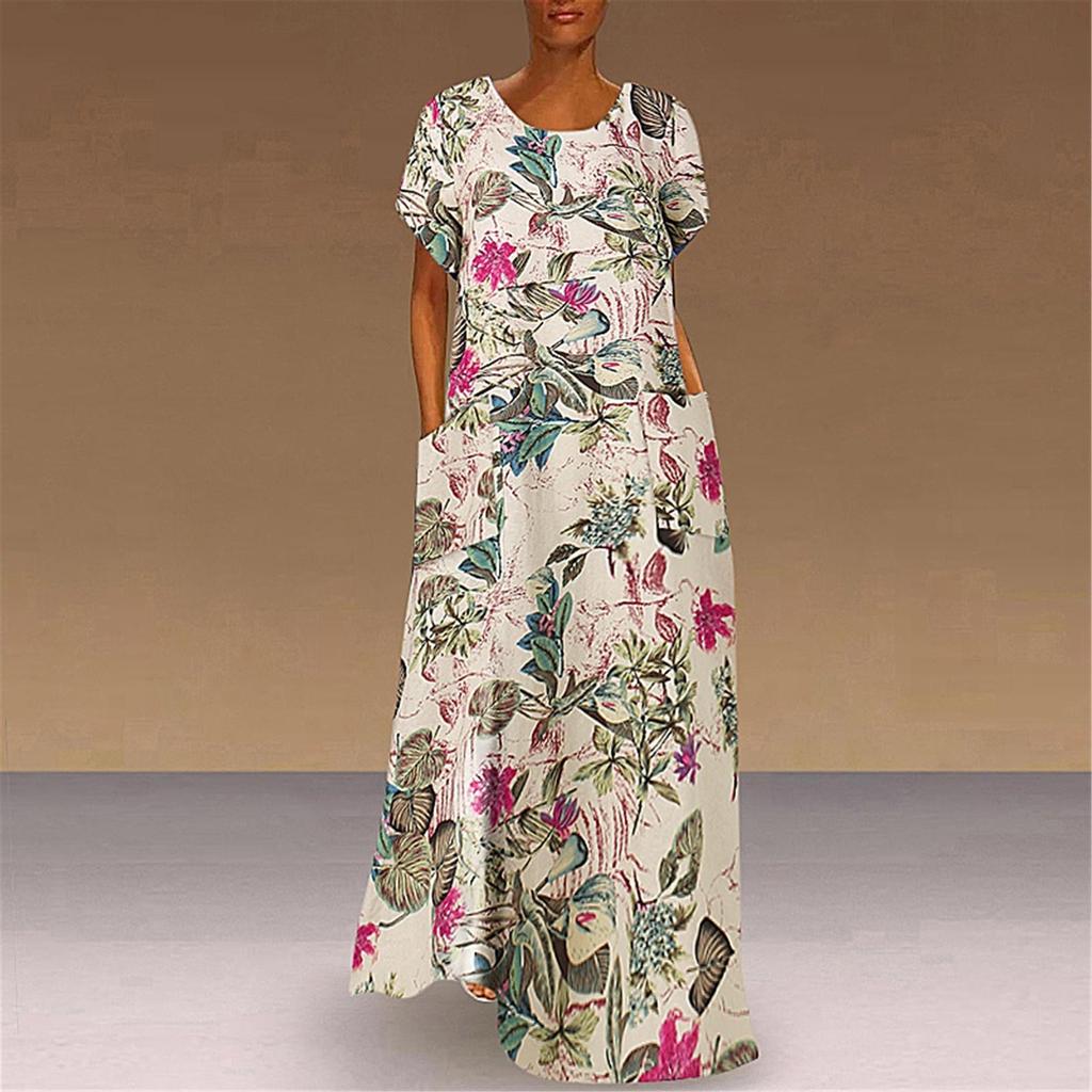 Women Round Neck Half Sleeve Flower Print Robes Style  Kaftan Loose Long Dress