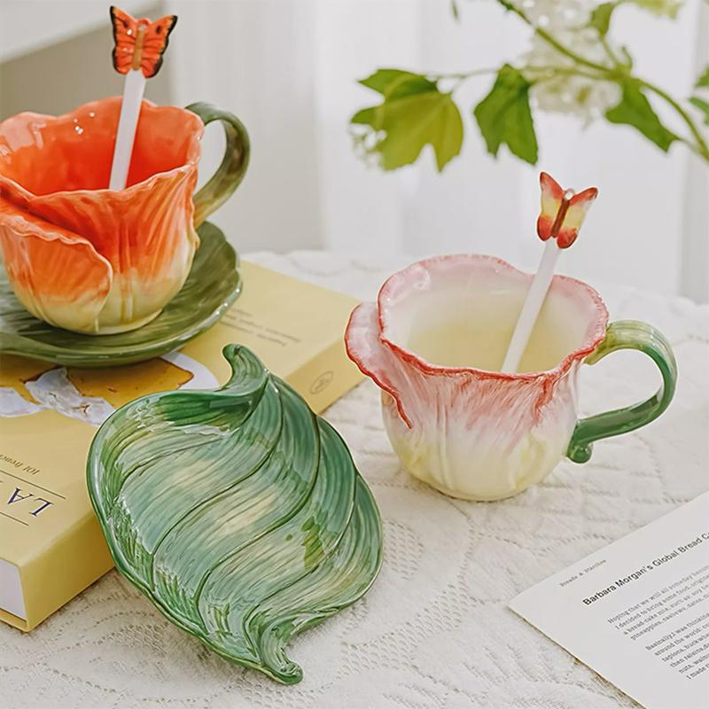 Tulip Ceramic Coffee Cup Saucer and Spoon Exquisite for Afternoon Tea Flower Tea and Coffee Creative Embossed Flower Mug Gifts