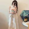 French Retro Apricot Embroidered Sleeveless Off-Shoulder Maxi Dress