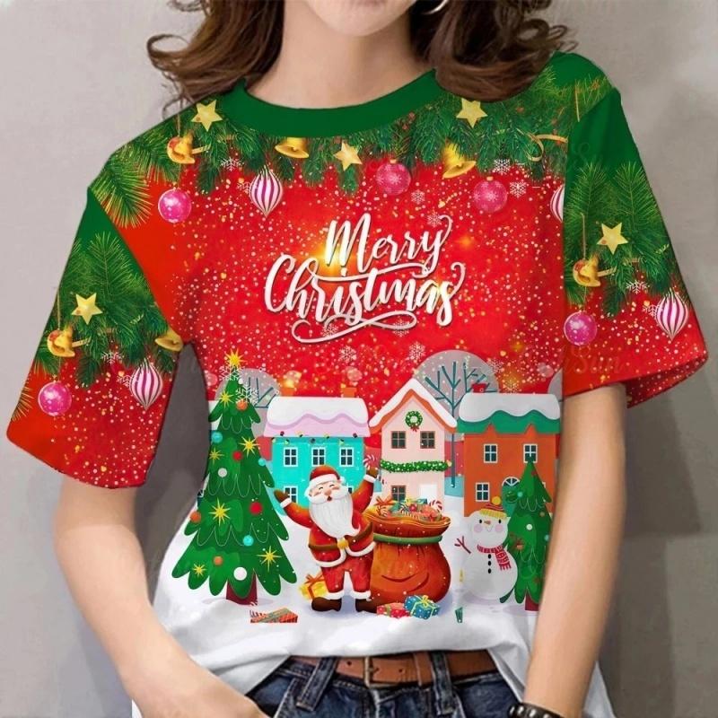 3D Printed Santa Claus Gift T-Shirt For Men Women Christmas Tree Pattern T-Shirts Summer Loose Short Sleeve Tees Round Neck Tops