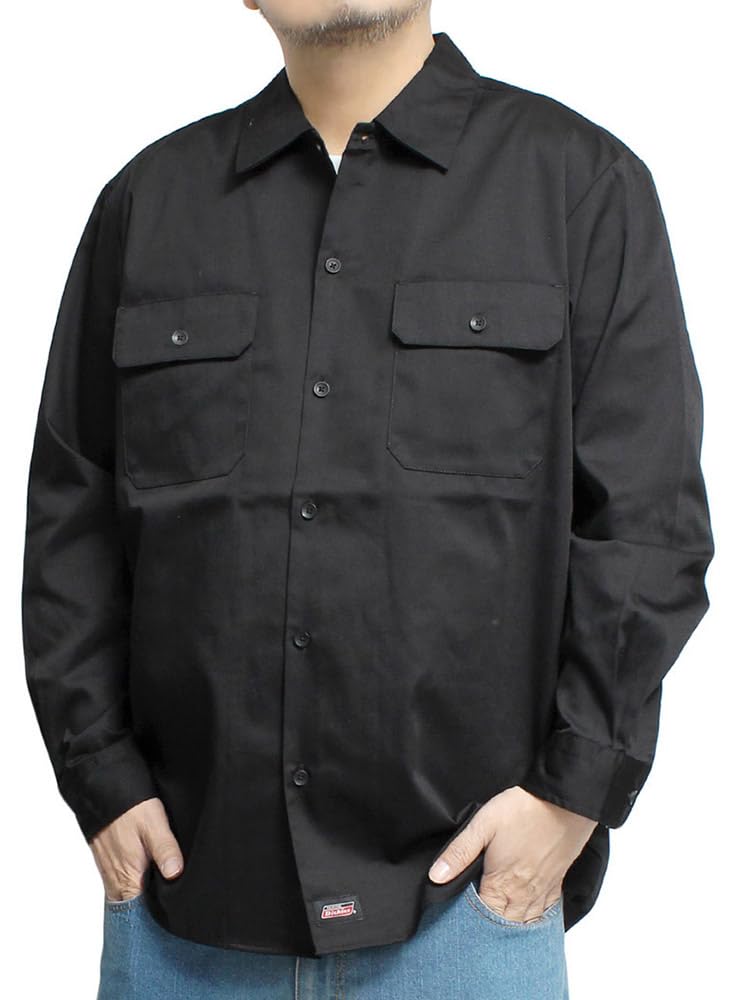 Work shirt for large pocket long sleeve black x solid color [GENUINE Dickies] men, size, switching, twill, hickory, shirt, 3L, (49)
