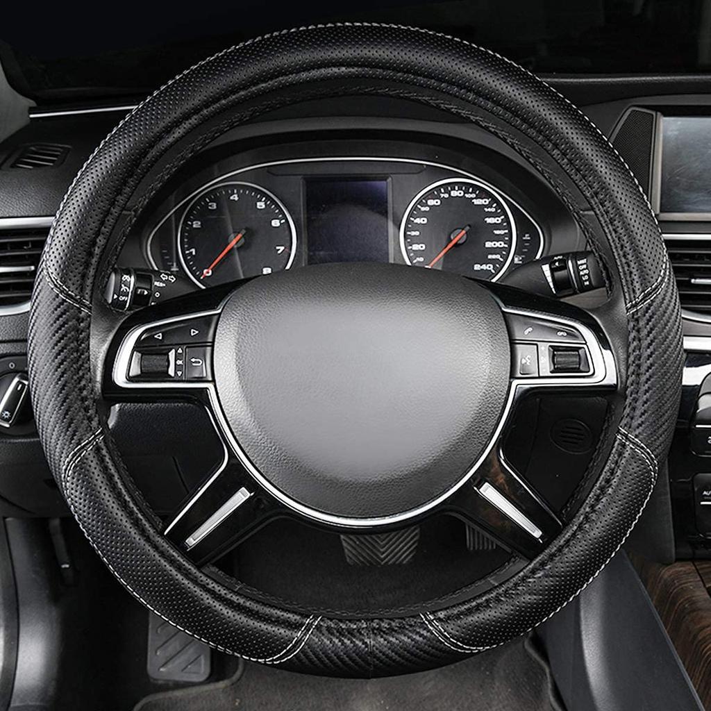 CAR-GRAND Carbon Fiber Steering Wheel Cover, Premium Breathable Leather Sporty Wheel Protection Interior Accessories Standard Size[14" 1/2-15"]