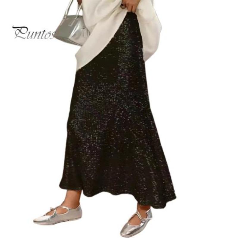 Women Maxi Skirt Elastic High Waist Long Skirt with Liner Shiny Sequ Draped Breathable Skirt Street Wear