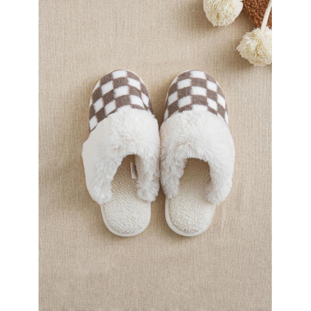 Daiso Block Check Fleece Lining Clogged Living Room Shoes 220 240 Mm Ivory