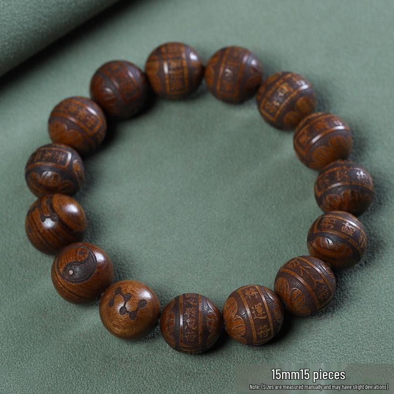 Large Leaf Yellow Rosewood Carved Buddhist Prayer Beads Bracelet - Ethnic Unisex Style