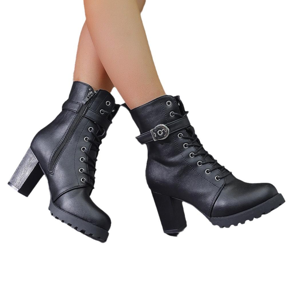 Autumn and winter new high-heeled short boots large size belt buckle European and American side zipper thick-heeled boots Martin boots