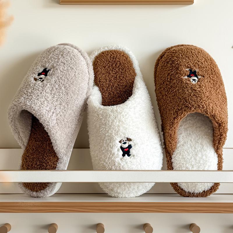Home Cotton Slippers Winter Indoor Household Plush Warm Cute Cartoon Puppy Fluffy Slippers Winter