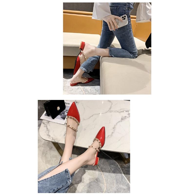 2025 New Riveted Semi-drag Thick-heeled Pointed Sandals for Women