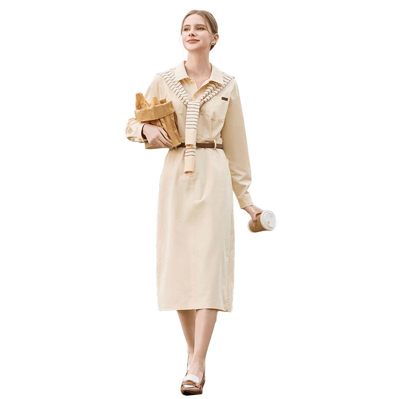 Xiangying Women s 2025 Spring Pure Cotton Shirt Dress with Detachable Shawl S
