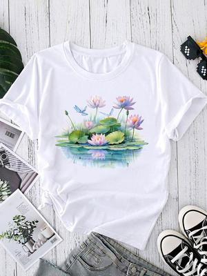 (Asian Size) Flower Watercolor Trend Tee Fashion Print Casual Top O-neck Short Sleeve T-shirts T Graphic Female Women's Clothing