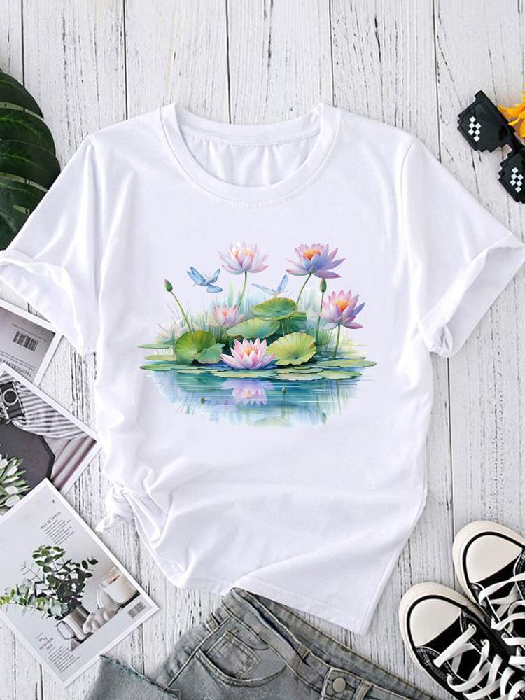 (Asian Size) Tee Fashion Print Casual Top O-neck Short Sleeve T-shirts Sweet Flower Style 90s T Graphic Female Women's Clothing