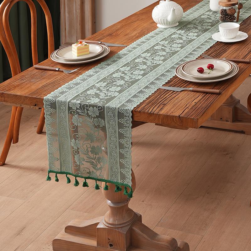 Elegant Nordic White Lace Table Runner with Crochet Tassels - Perfect for Dining or Coffee Tables, Ideal for Christmas Decor.