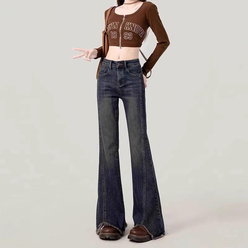 Blue-Gray Micro-Flare Jeans for Curvy Women: High-Waisted, Stretchy, Slimming Pants for Spring & Autumn. L