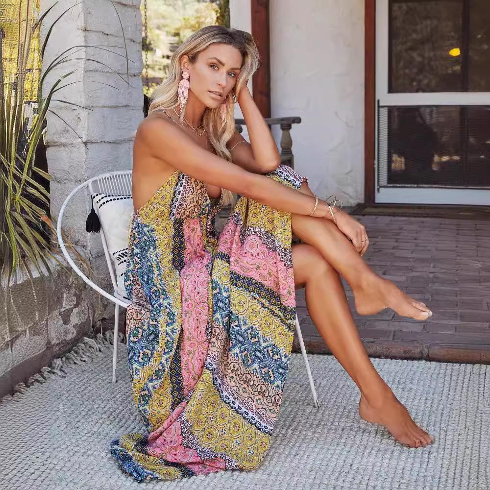 2026 Summer V-Neck Floral Spaghetti Strap Maxi Dress, Women's Backless Design