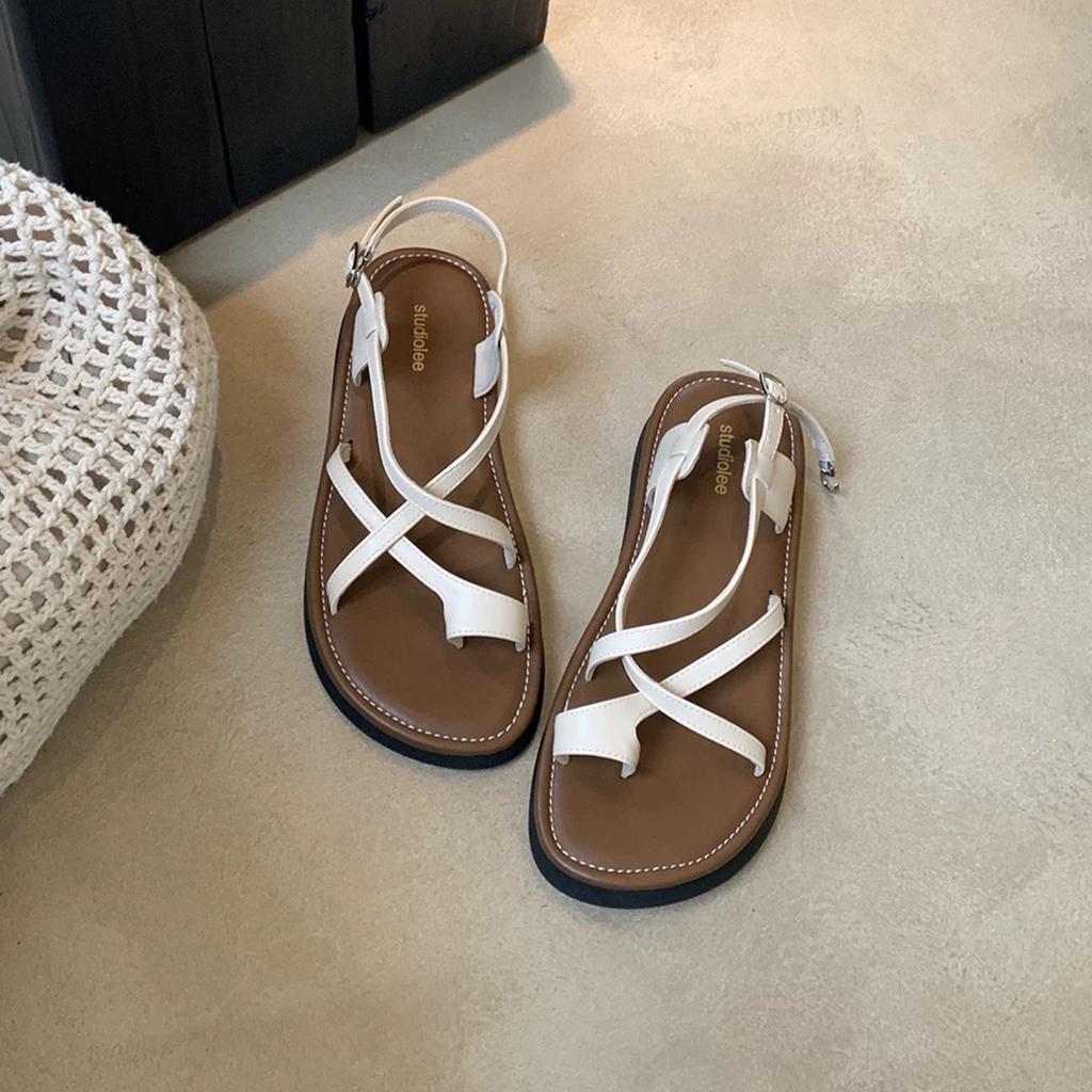 Sheepskin version~ Leather sandals women's summer flat-bottomed versatile set toes crossed with beach Roman shoes