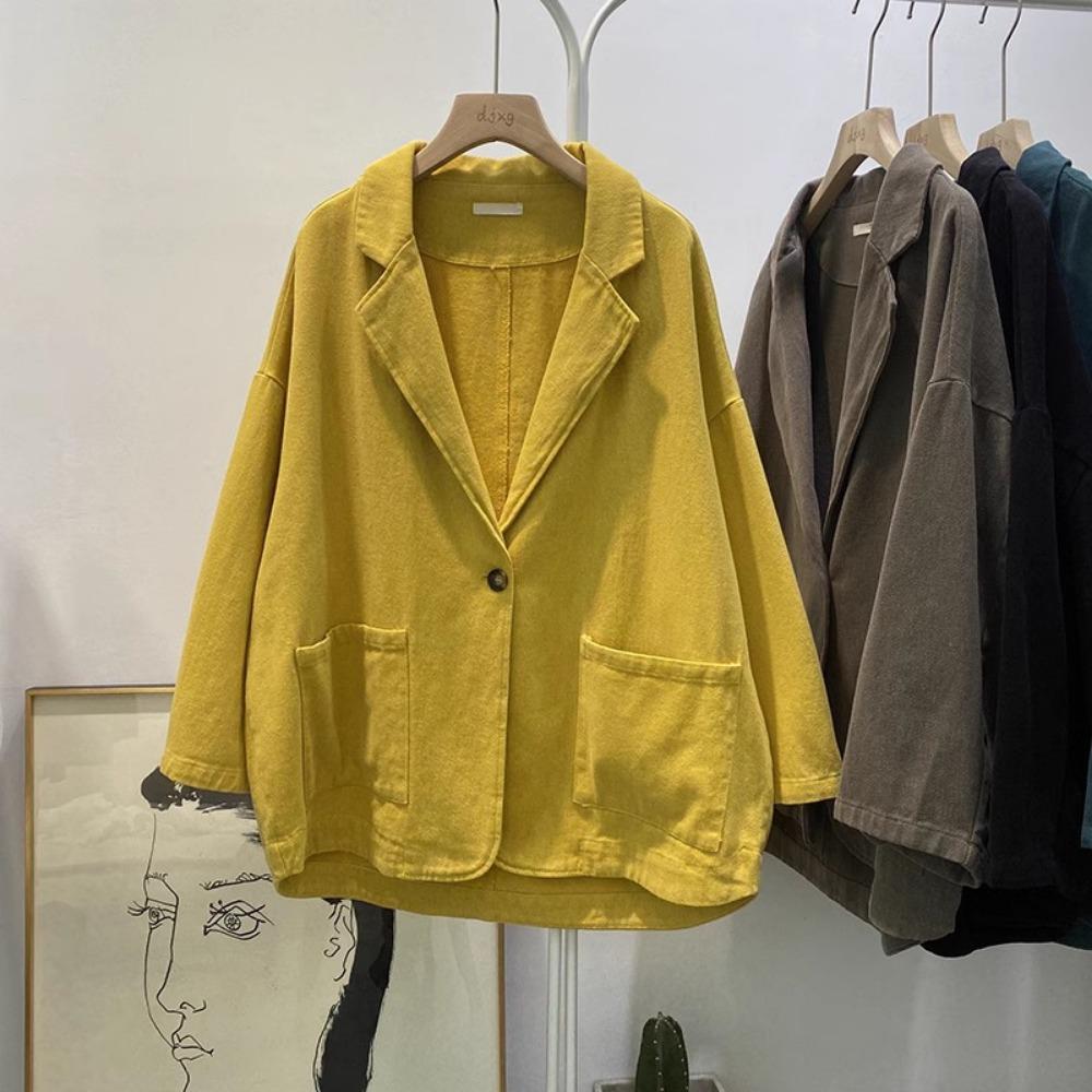 

Весенне-осенние ретро твиловые хлопковые блейзеры, куртка, женская куртка с длинным рукавом, свободного кроя, с V-образным вырезом One size жёлтый
