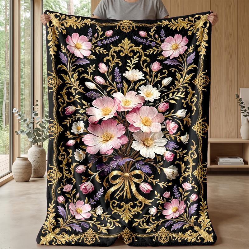Elegant Floral Frame Theme Blanket Lightweight Warm Flannel Blanket Decorative Throw Blanket for Home Decoration