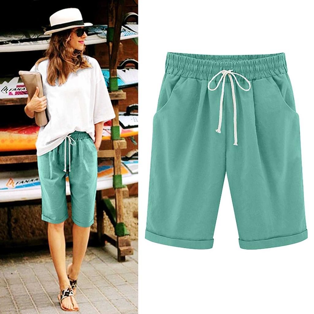 Women's Casual Loose Beach Pants Solid Color Loose Casual Fifth Pants Pockets  Linen Shorts