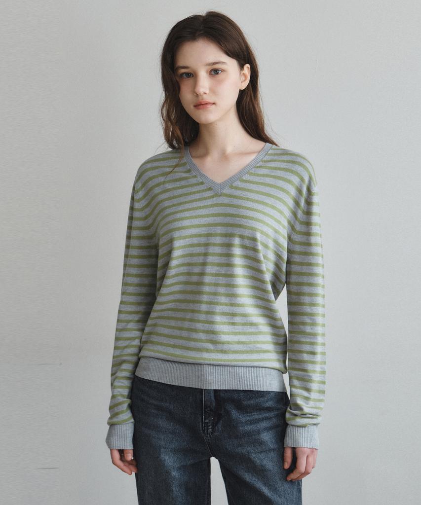 Wednesday Oasis For Woman Washable Mild Stripe V-Neck Knit_Gray(Wc26Kn11)