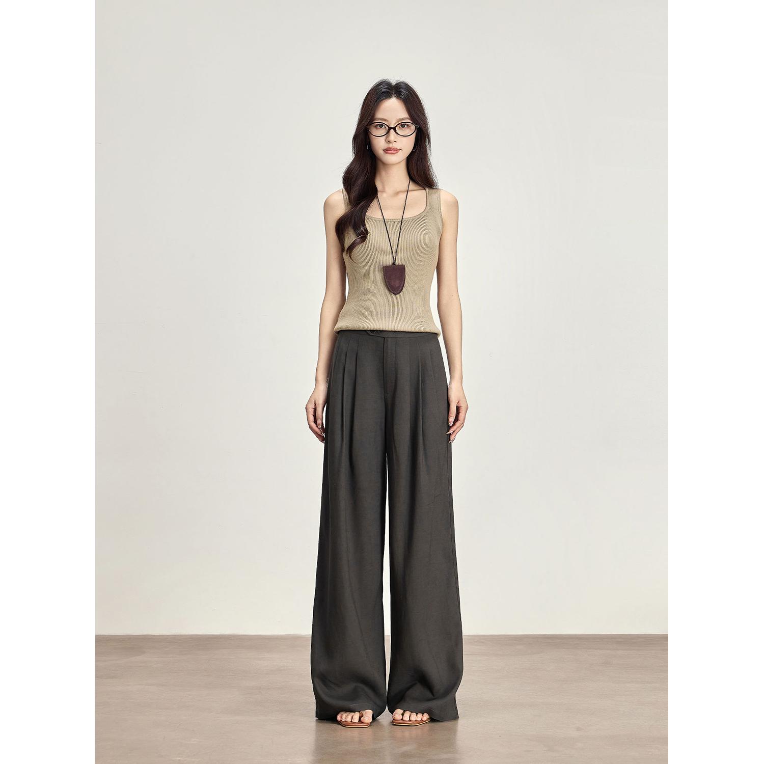 Women s Summer Gray Tencel Linen Wide-Leg Casual Drape Pants Small