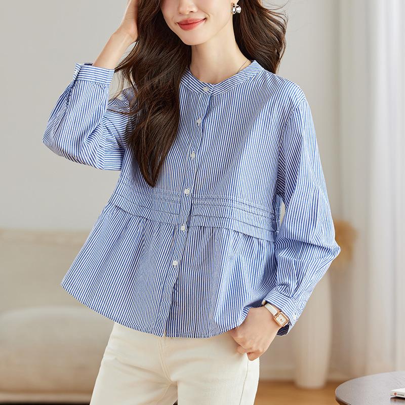 Design-sensory Pleated Round Neck Striped Long-sleeved Blouse for Womens Spring Clothes Updated Comfortable Fit Slim Top M
