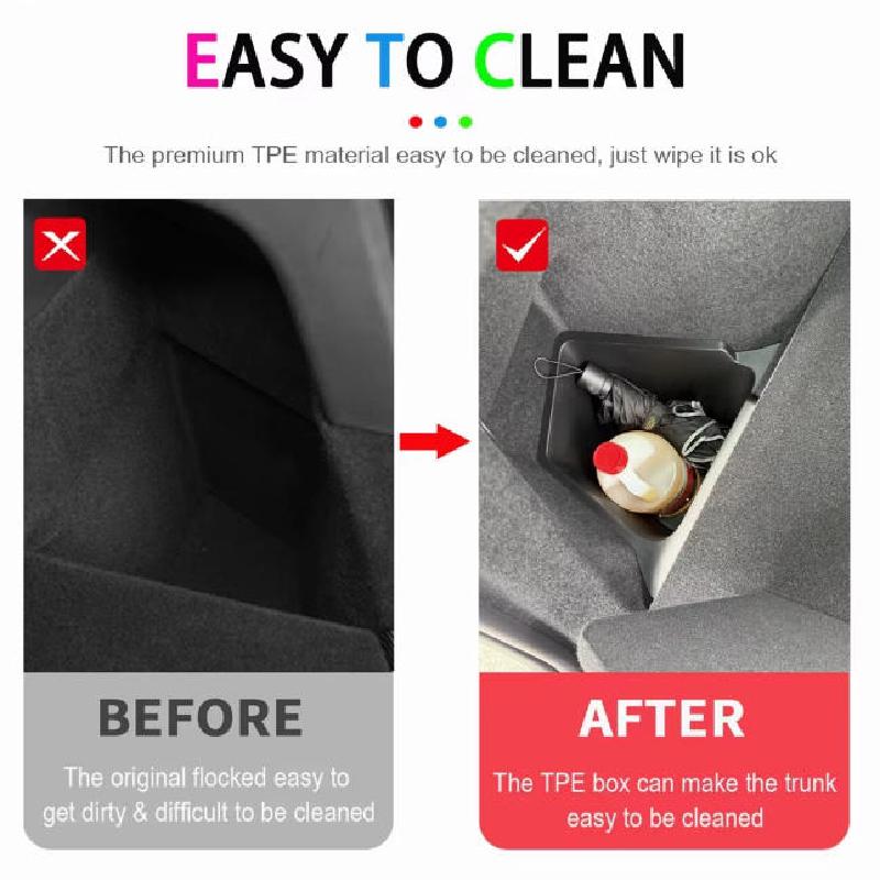 For Tesla Model Y Juniper 2025 Rear Trunk Side Storage Box Cargo Organizer TPE Bin Box Flocking Mat Partition Board Accessories