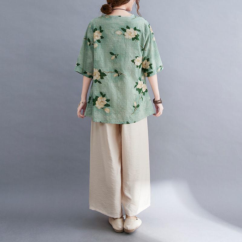 Móda pro matky středního věku Letní bavlněný a lněný oblek Letní luxusní nadměrná velikost Dvoudílný set s krátkým rukávem Tričko s krátkým rukávem + Kalhoty se širokými nohavicemi