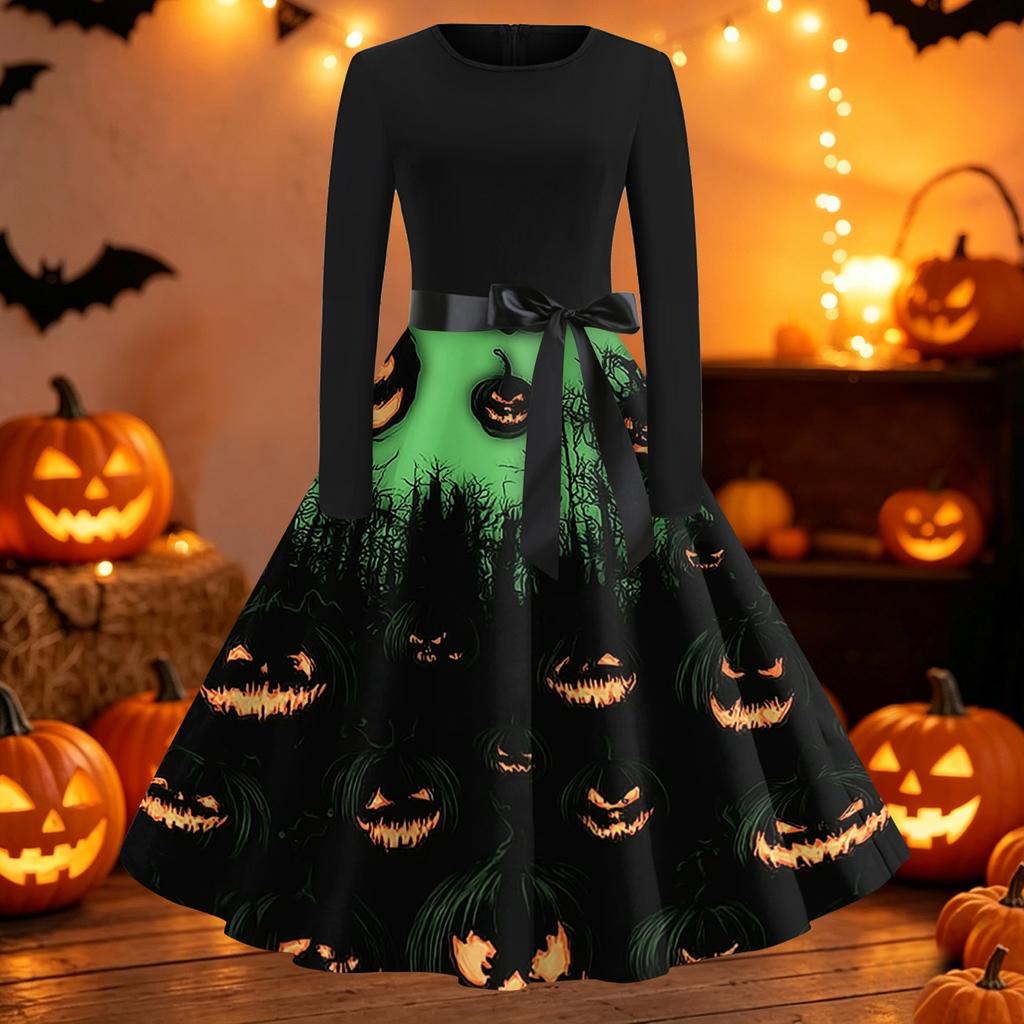Women's Vintage Halloween Print Round Neck Casual Dress for Everyday Wear