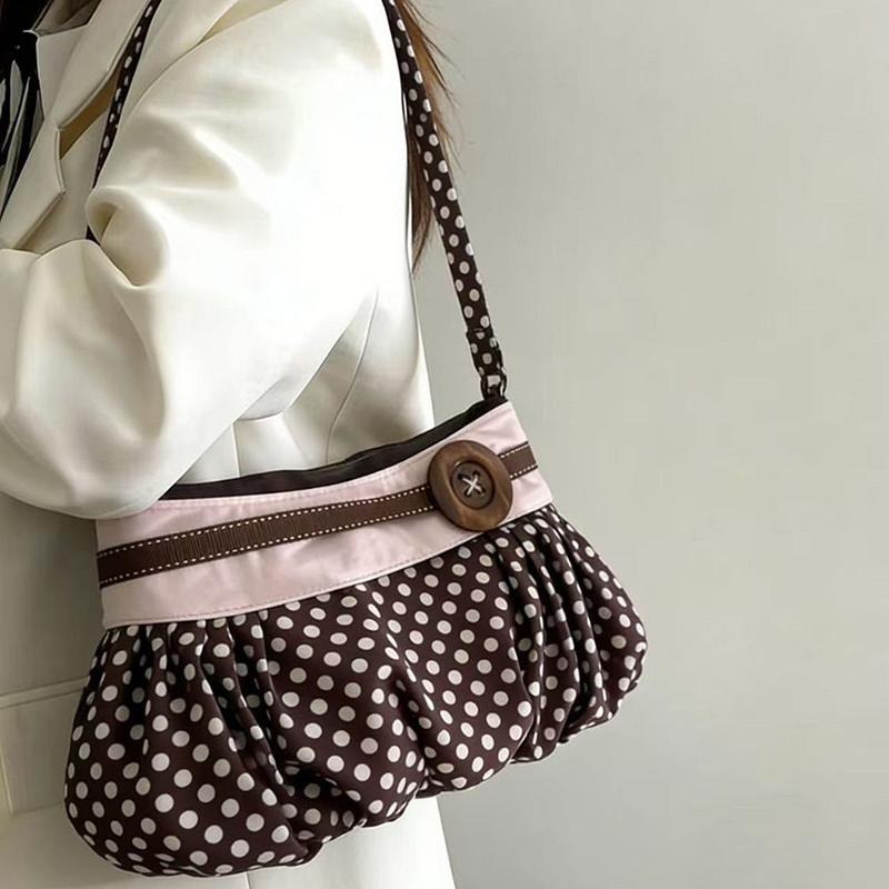 Retro Polka Dot Underarm Bag Cute Pleated Cloud Bag Wooden Button-Decor Handbag Casual And Versatile Commuter Shoulder Bag