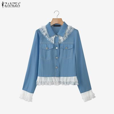 Women Casual Turn Down Collar Long Sleeve Lace Splice Blouse